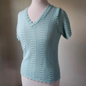 Vintage 70s Blue Knit Short Sleeve Sweater Top S